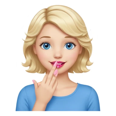 Girl Blonde short wavy hair,  blue eyes, cute blue top, long lashes, pink lips, smiling, hand covering the mouth sticker