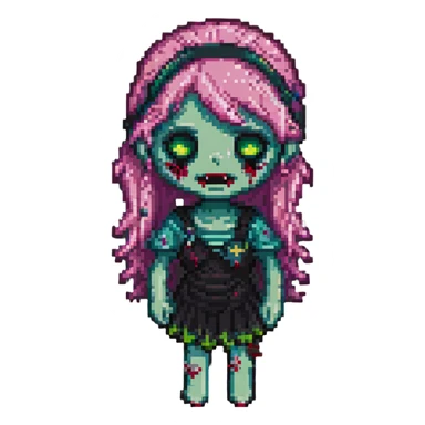 pixel art of a girl zombie with pink hair and bangs sticker