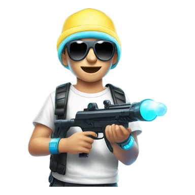 Caucasian boy in glowing rave gear with sunglasses and mask and hat and headlamp and shooting a bubble gun sticker
