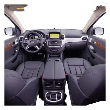 3D style image of the interior of a 2015 Mercedes Benz ML350, black leather seats, dashboard and steering wheel, luxury SUV details, rear seats view sticker