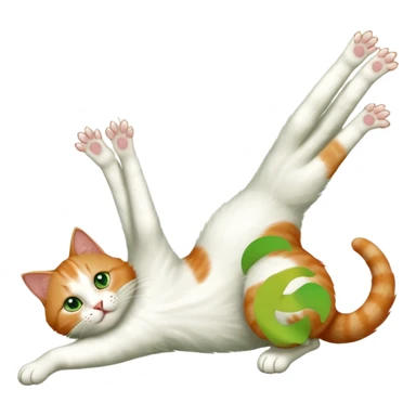 ginger and white cat with green eyes doing a big extremely long stretch reaching up into the air with arms and legs side by side together straight and overextended whilst lying on its side sticker