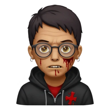 Chico moreno zombie, con gafas y sudadera negra, dos aretes en la oreja izquierda y dos en la derecha, ojeras en los ojos y sticker