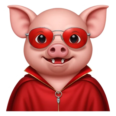 Vampire animal, pig in red collar cloak, red eye, fangs, sunglasses sticker
