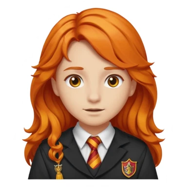 A iphone emoji with long wavy fierce orange hair and hazel eyes, wearing Gryffindor school uniform sticker