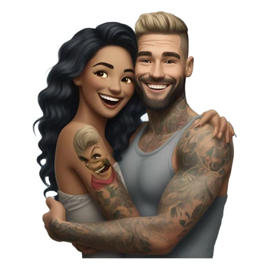 Hyper Realistic beautiful woman in the arms of a very handsome tattooed man laughing  sticker