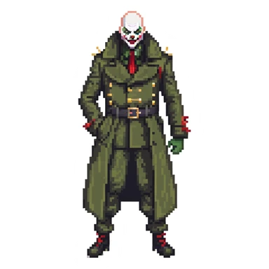 evil clown soldier, bald, small black satan horns on forehead, fangs, pointed ears, eye patch over one eye, long coat over black and military green clothes with bellbottom pants, realistically proportioned, less bulky, full body, fighting stance sticker