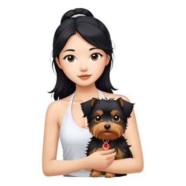 A pretty Asian girl with long, luscious wavy black hair (loose, no hair tie), wearing a white sleeveless halter top. She's holding a Yorkshire Terrier.  sticker