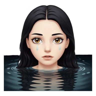 Woman submerged in black water, wet skin and eyes above surface, silent invitation sticker
