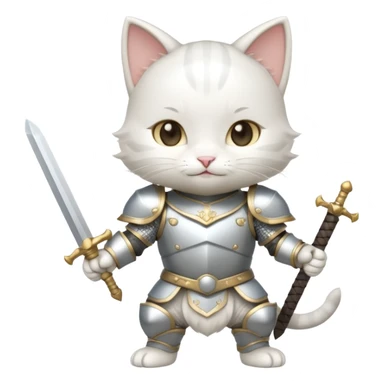 baby chibi white cat in silver armor, full body, smile, hold a sword sticker