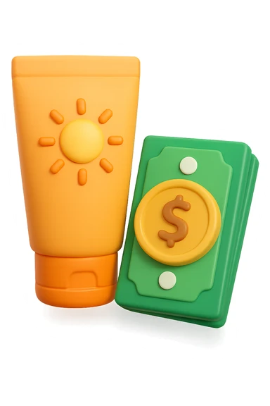 icona della crema solare con i soldi in 3d sticker