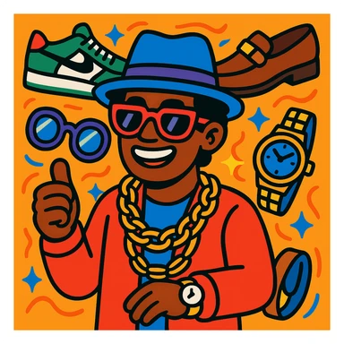 A charismatic person in the center with luxury accessories like high-end shoes, stylish glasses, gold chains, and watches arranged around them, modern illustration style, vibrant and colorful sticker