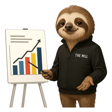 a sloth in a black 'The Mill' jacket, confidently presenting a business chart, looking smart and professional sticker