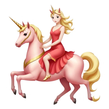 "woman, in long slim pastel red", rides "unicorn gold and white" sticker