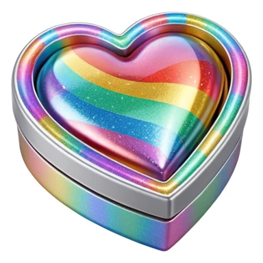3D isolated, rendering, 8k resolution, 1x1, 8000x8000 pixels, transparent background, no emoji faces, Heart shaped box wrapped in silver metallic paper with 3D appearance holographic rainbow prismatic effect glitter cute cute sticker