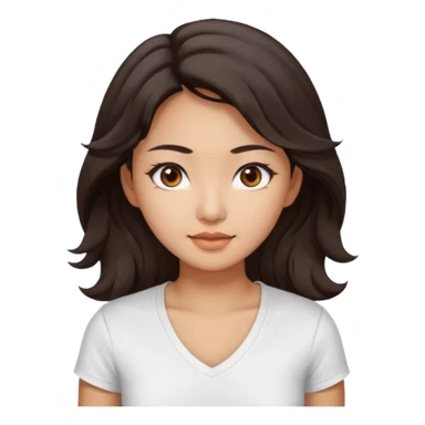 iOS style emoji. A girl with very long dark brown wavy hair. And the eyes color is dark brown. And she is wearing white t shirt with V kneck. And she is 30. She is Asian with double eyelids  sticker
