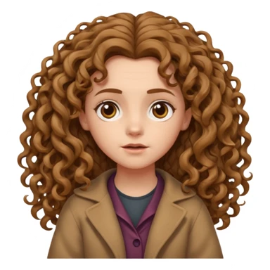 hermione shrugging, long light brown very curly voluminous hair, reaching below the shoulders, thick and full curls, messy natural texture, cartoon emoji style. sticker