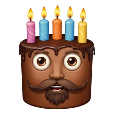 chocolate birthday cake with eyes and candles and beard sticker