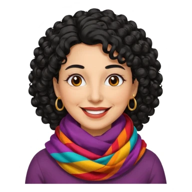 emoji of a woman in her 50s, curly black hair, wearing a colorful scarf, smiling sticker