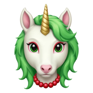 white furred unicorn with green hair and big red earrings looking into camera and big horn sticker