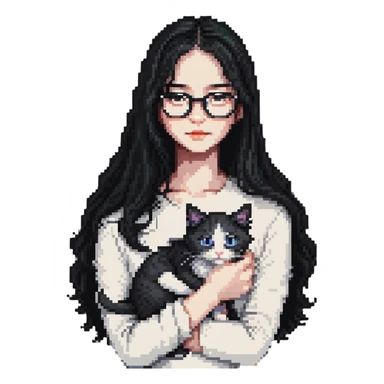 Beautiful girl with long black hair and glasses holding a white kitten sticker