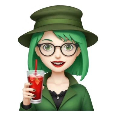 vampire green hair Drink holders with hat, wearing glasses, female,,teeth looks like vampire sticker
