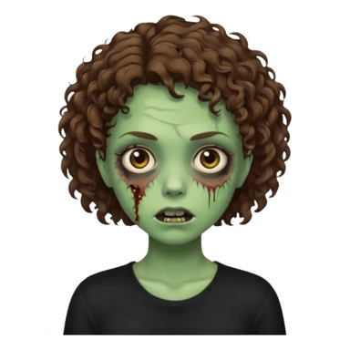 Zombie girl emoji verde um pouco escuro com cabelo curto cacheado castanho no ombro com uma blusa preta sticker