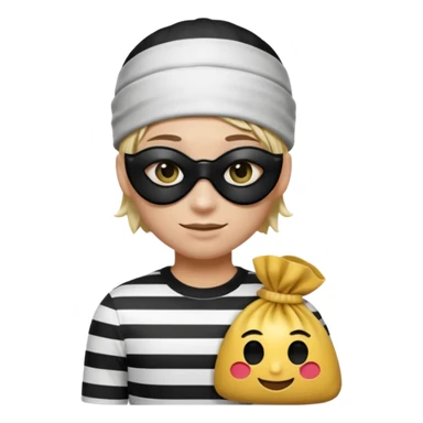 Realistic ios emoji-style portrait of a classic burglar, a black eye mask and a black-and-white striped shirt. Highly detailed, natural skin texture, realistic shadows, smooth gradients, glossy reflections in the eyes. emoji-like hair, black hat, an emoji bag of money in a right corner  sticker