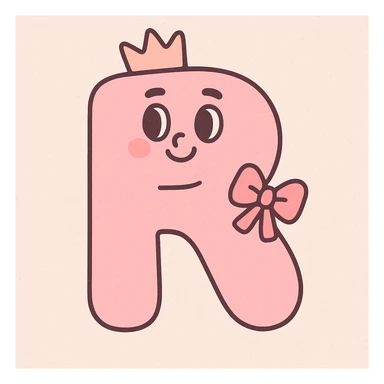 soft pastel illustration style pink letter R wearing a pink crown and a bow sticker