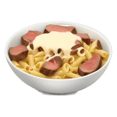 bowl of pasta with cream sauce and steak in top sticker
