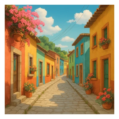 Ghibli style Mexican street with colorful houses and flowers sticker