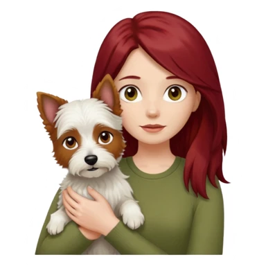 white terrier dog being held by woman with dark red long hair and hazel eye wearing olive green top sticker