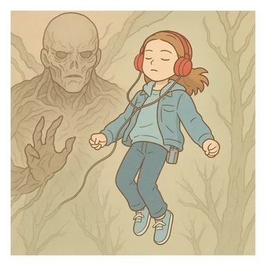 Iconic Stranger Things scene: Max listening to music with red headphones, floating in the air, with Vecna in the background, in simple line style with light pastel tones and thick outlines, Ghibli style, square 1:1 format. sticker