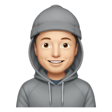 elon musk in gray hoodie full height, wear hoodie hat, happy sticker