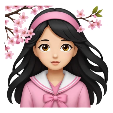 A girl with a Black long hair, and a Pink sailor suit, enjoying the spring breeze，Wearing cherry blossoms on your hair sticker