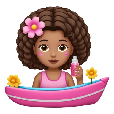 Uma menina com o cabelo cacheado com um Coque com baby hair, morena, e com uma regata rosa com um gloss na frente da regata ,com unha em gel,e com dinheiro na mão ,e com flores na outra mão,  sticker