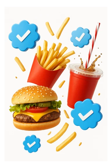 fast food realistico fluttua in aria insieme a spunte di verificato in 3d, sfondo bianco sticker