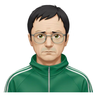 Park Ju-un is a middle-aged man, around 45 years old, green tracksuit, with tired eyes that carry the weight of a lifetime of struggles. His thin-framed glasses sit slightly crooked on his nose, one lens showing a faint crack from an earlier scuffle. His black hair, streaked with strands of gray, is unkempt and damp with sweat.

His face is gaunt, with deep wrinkles lining his forehead and around his mouth, evidence of years of stress and hardship. He wears the standard green Squid Game tracksuit (#369), but his jacket is slightly loose on his thin frame, and the collar is stained with sweat. His hands, slightly calloused from years of office work, tremble as he grips the small needle. sticker