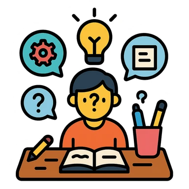 curious person at a desk, surrounded by floating idea bubbles with doodles and notes, glowing light bulb overhead, cozy workspace with creative supplies, color outline icon style, 4:5 aspect ratio sticker