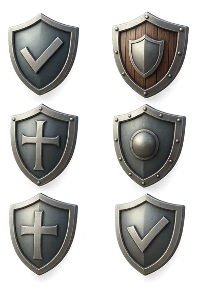 6 scudi 3d che simboleggiano "difesa e protezione", realistici in 3d fluttuano in aria, iperrealistico 4k sticker