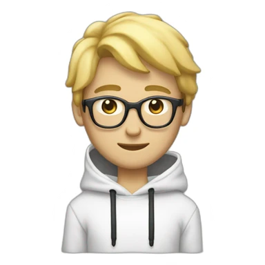 eenager with blond hair.  He is cross-eyed and wears black glasses.  He is also wearing a white hooded sweatshirt.  he has black eyes and a long face.  this guy is skinny and has a long neck sticker