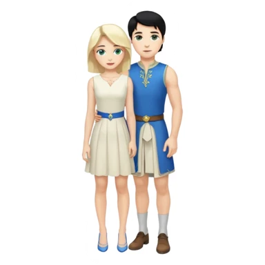 prince, standing upright, black Hair, blue eyes, garment,  woman, bending knee, white sleveless dress, blonde hair, green eyes, sticker