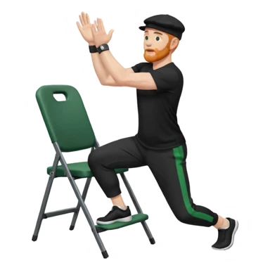 גבר זקן ג'ינג'י מלא כובע שחור הפוך חולמה שחורה ומכנסיים ירוקות ארוכות מבצע תרגיל לאנג' בתמיכת כיסא מהצד שתי רגליים על הרצפה מח^זיק כיסא בידו  תמיכה קלה ידו על משענת הכיסא sticker