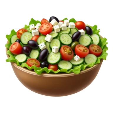 Cinematic Realistic Greek Salad Dish Emoji, depicted with crisp lettuce, tomatoes, cucumbers, olives, and feta cheese rendered with vibrant textures and fresh, natural lighting. sticker