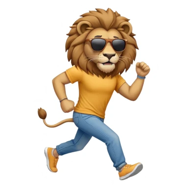 friendly anthropomorphised lion in jeans and a t-shirt, wearing dark sunglasses, jogging upright in standard pose sticker