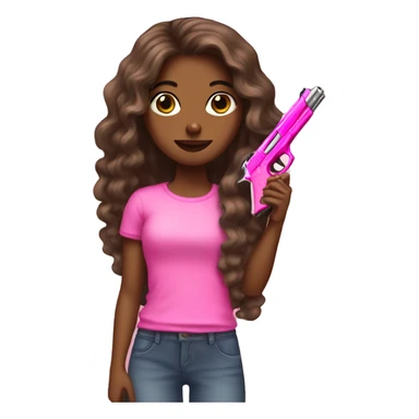 Long hair brown Girl hand pink nails holding pink gun sticker