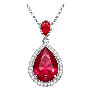 teardrop ruby pendant on silver chain, surrounded by white stones and radiant aura sticker