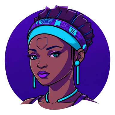 Cyberpunk African female portrait with digital augmentations, electric blue and purple lighting, high-tech headpiece with African pattern elements sticker