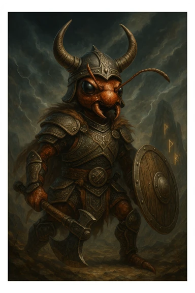 viking warrior ant, horned helmet, detailed armor, epic fantasy style sticker