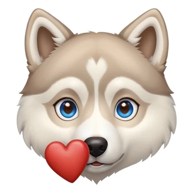 Beige husky with blue eyes holding a brown heart sticker