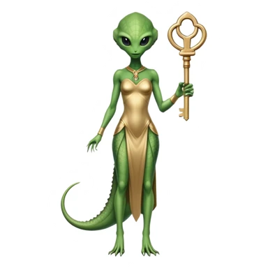 a reptilian alien woman full body, in gold dress, hold big key sticker